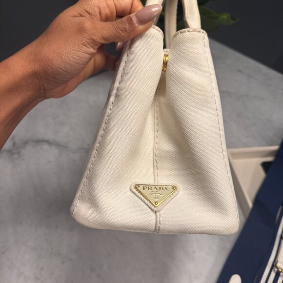 Prada Small White Canapa Logo Tote w/ Strap & Authenticity Certificate Card - Picture 7 of 16